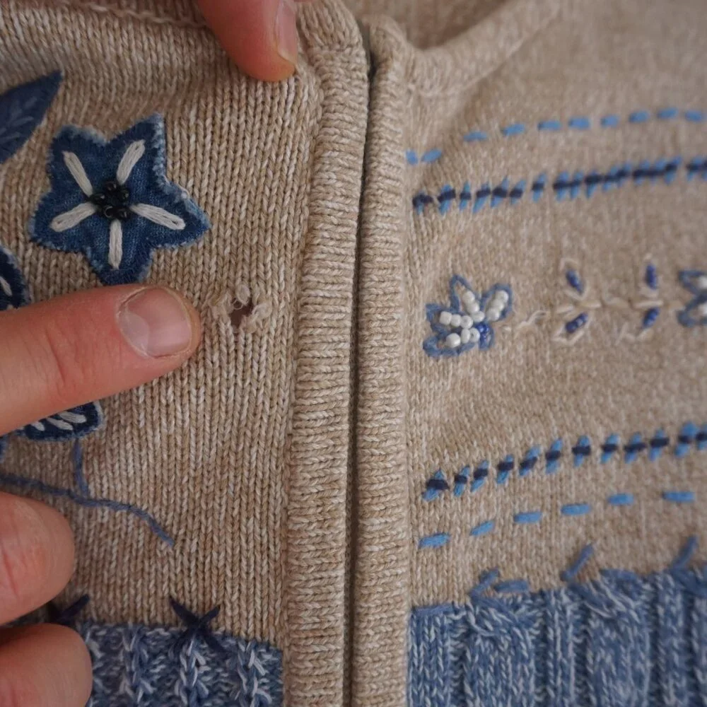 Alia Beige Blue Embroidered Floral Knit Zip Up Cardigan Sweater Large - Picture 5 of 14